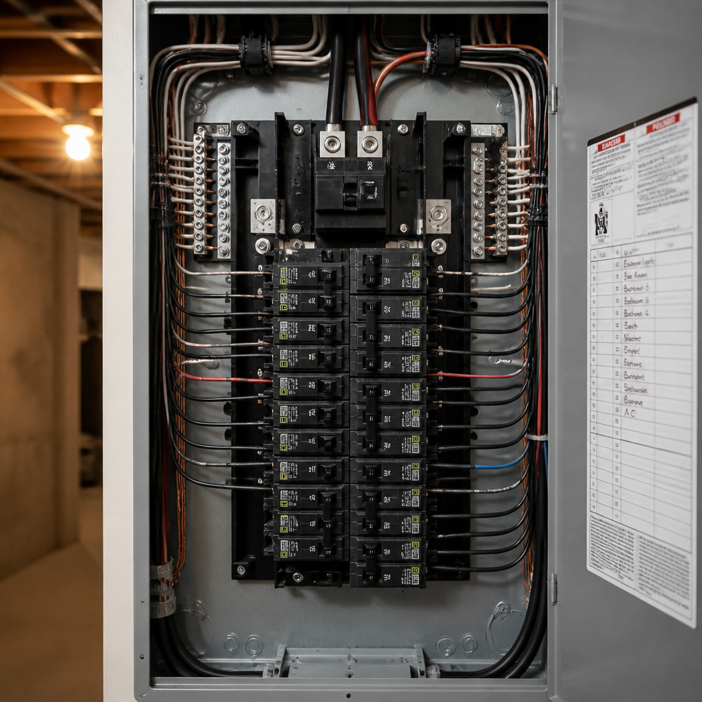 Close-up of an upgraded electrical service panel with organized breakers and circuit connections
