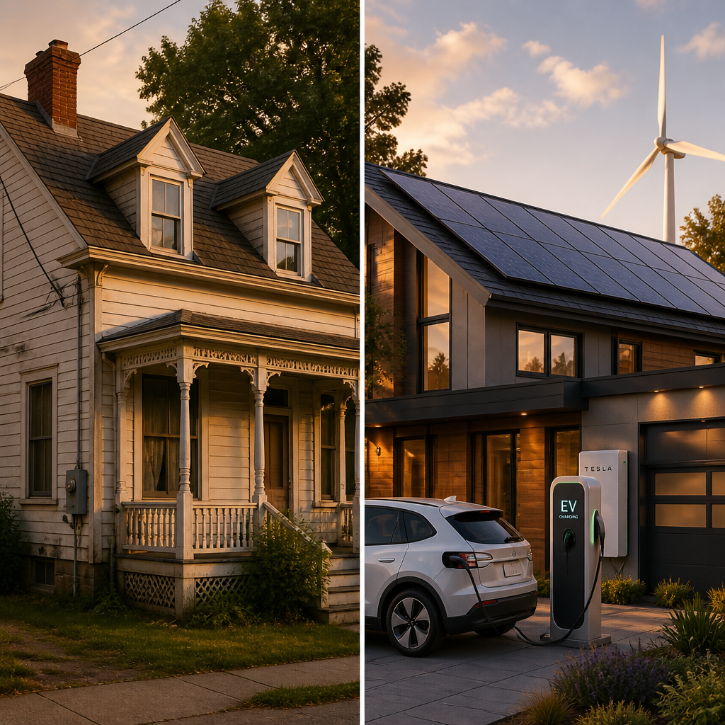 Before-and-after visual comparison of an older home transitioning to modern energy systems with solar and EV charging