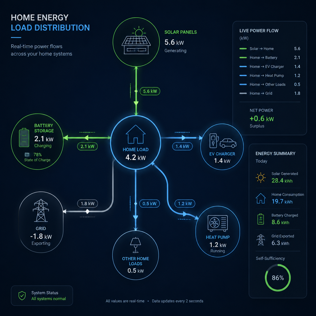 Schematic visualization of electrical load distribution across solar, EV charging, battery storage, and home systems