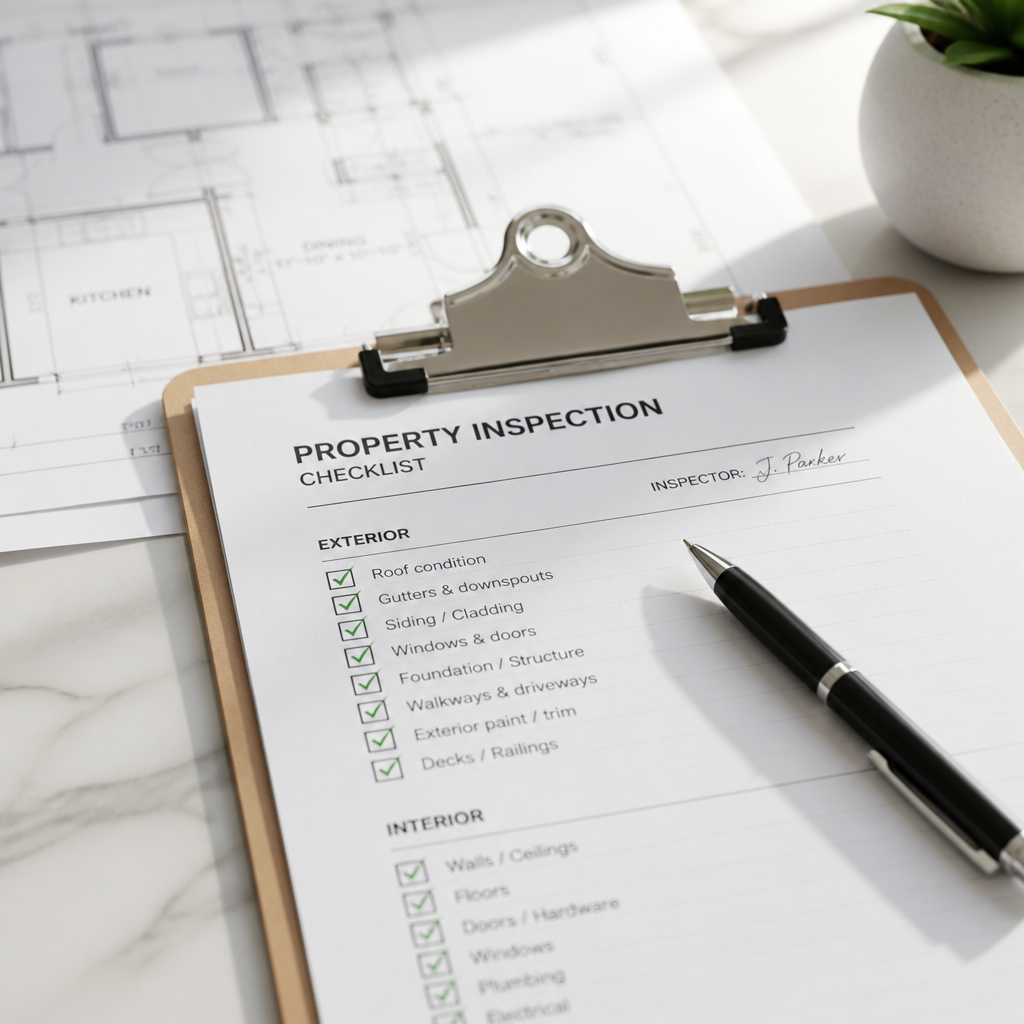 Inspection clipboard with checklist and pen on a professional workspace
