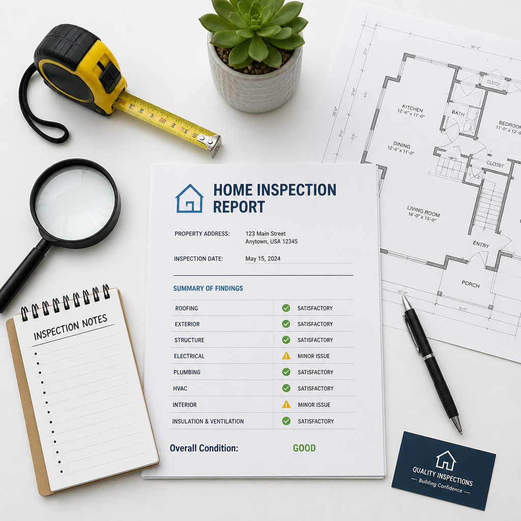 Inspection tools and documentation arranged in a professional flat-lay