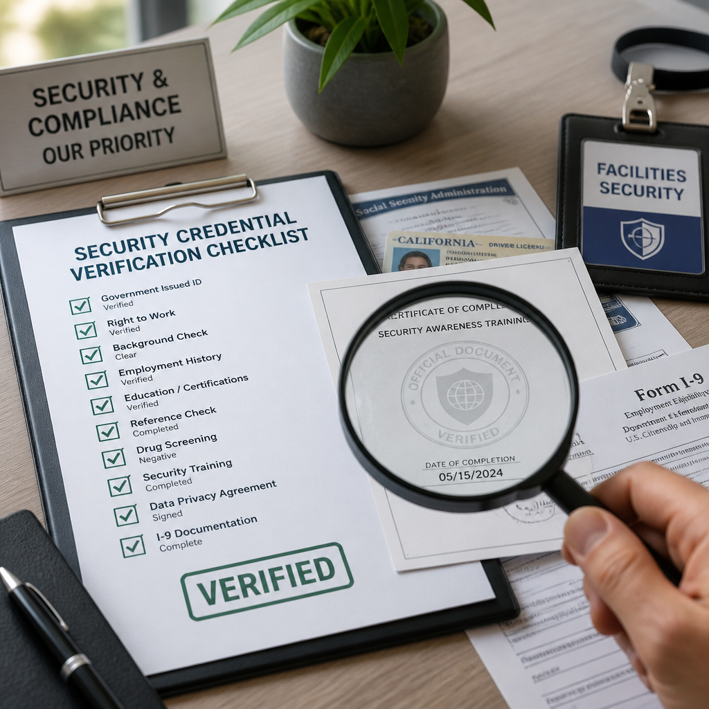 Verification checklist with magnifying glass and security credentials on office desk