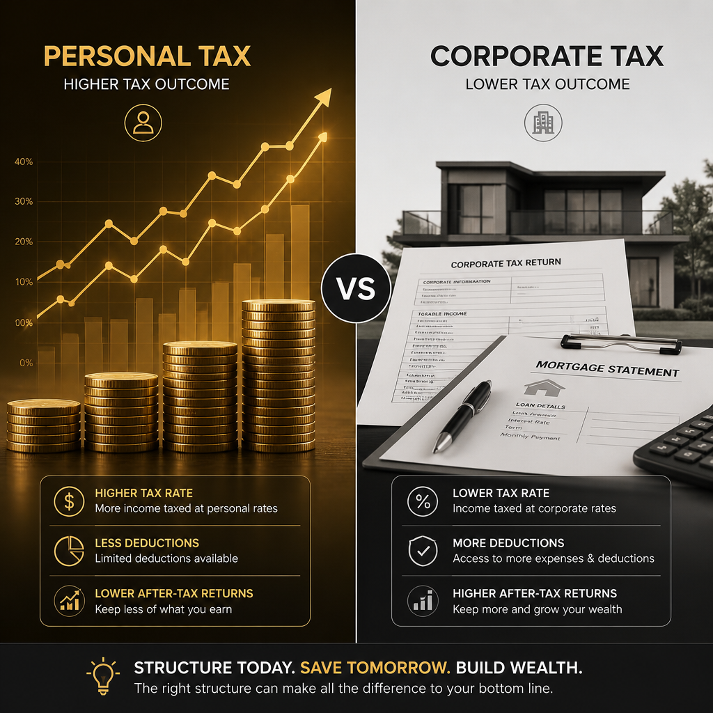 Comparison visual of tax implications between personal and corporate property ownership