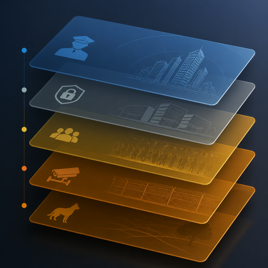 Abstract layered geometric shapes representing different security licence sectors