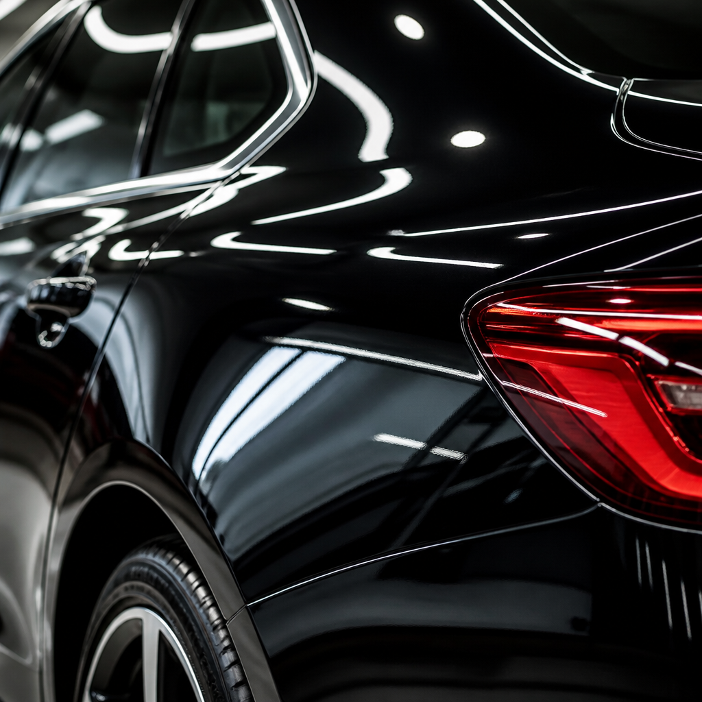Close-up of polished car paint with mirror-like reflection and glossy finish