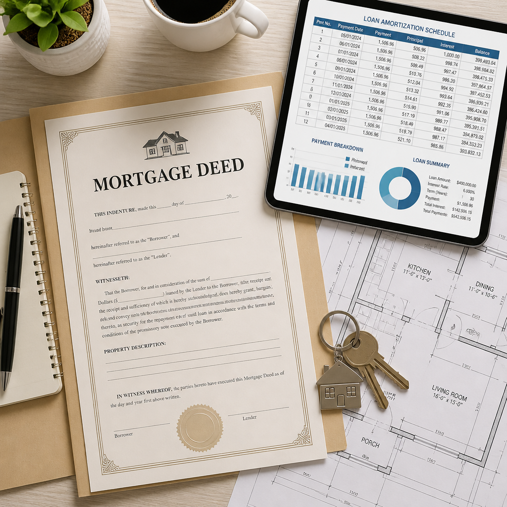 Flatlay of mortgage documents and property investment tools on a professional workspace