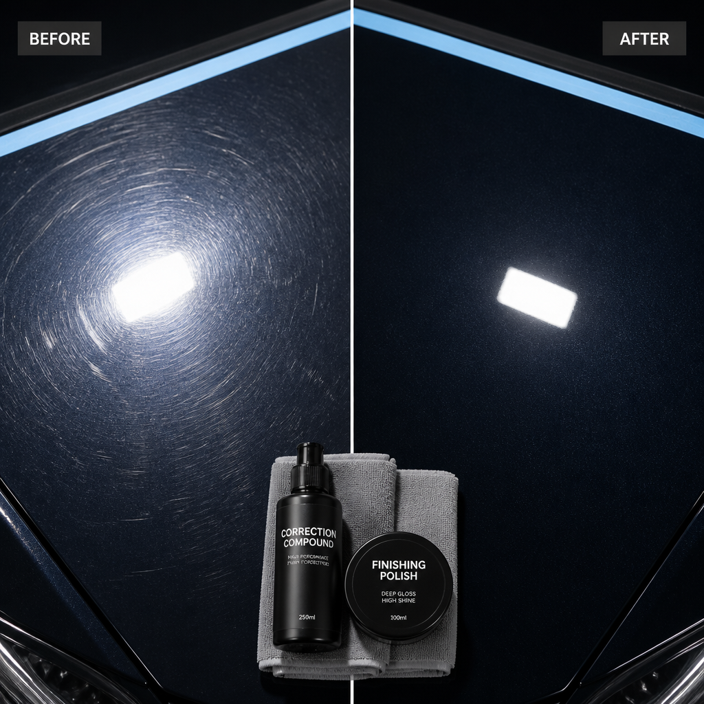 Before-and-after comparison of paint surface showing swirl marks transformed to pristine finish