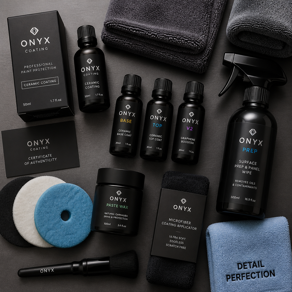 Professional car detailing products and tools arranged in an organized workspace display