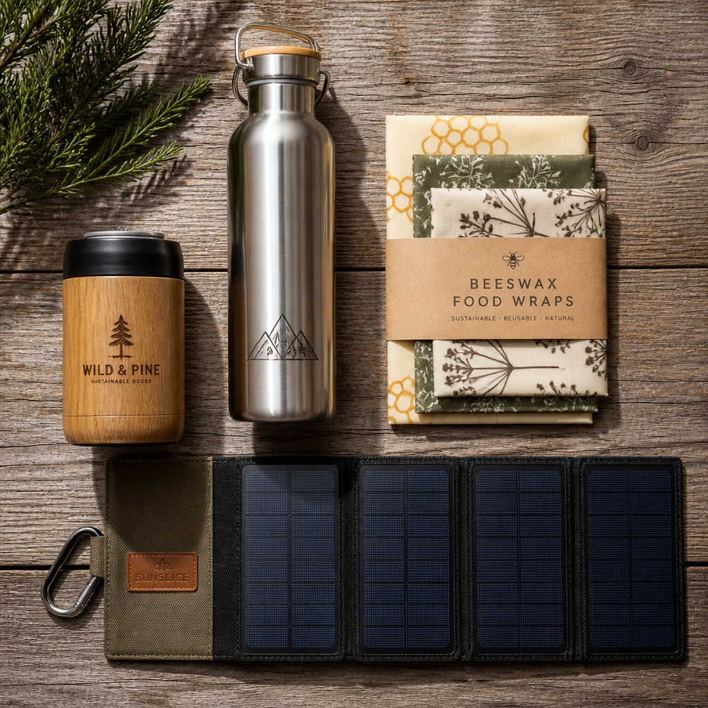 Sustainable outdoor gifts including wooden insulator, water bottle, beeswax wraps, and solar charger arranged on rustic wood