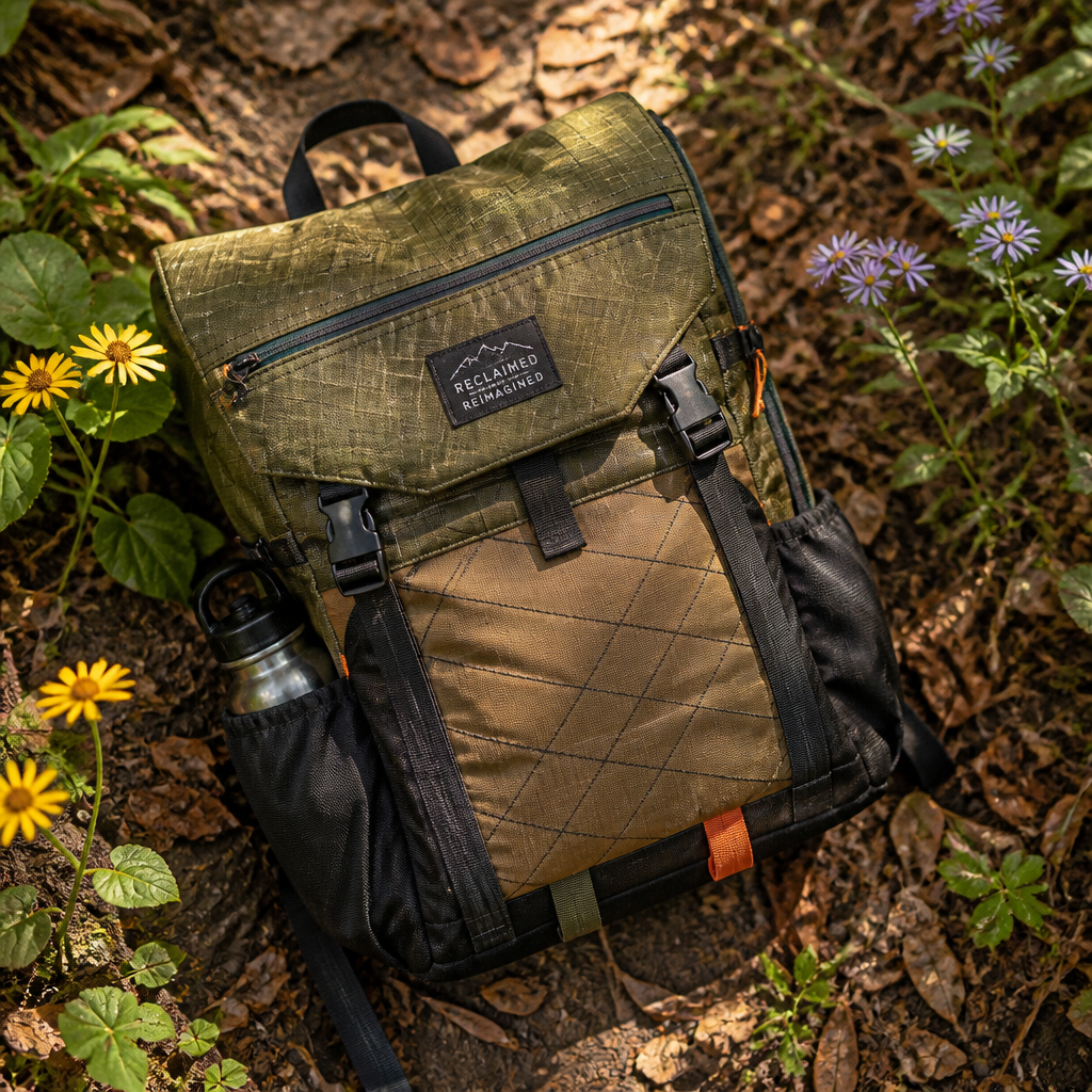 Reclaimed material backpack positioned on forest trail with wildflowers and dappled sunlight