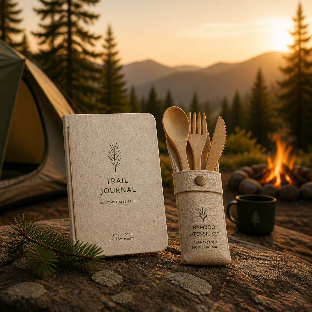 Seed-paper journal and bamboo utensils displayed near campsite with forest trees at golden hour