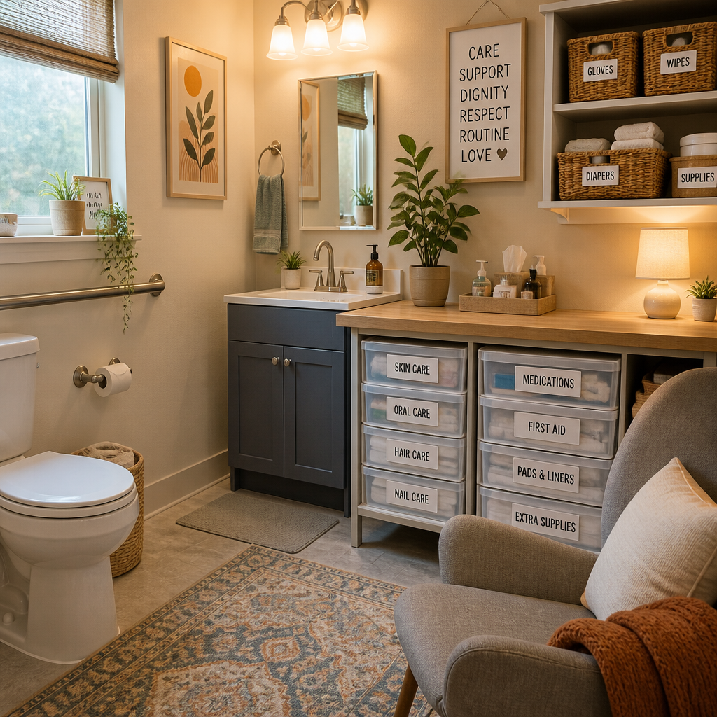 Organized bathroom care station with dementia-friendly setup and accessible supplies