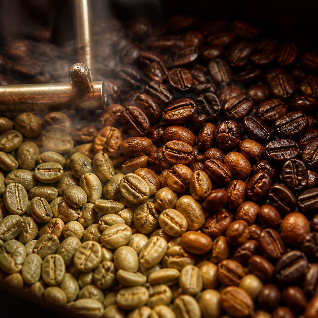 Coffee beans at various stages of roasting, from pale green to deep brown