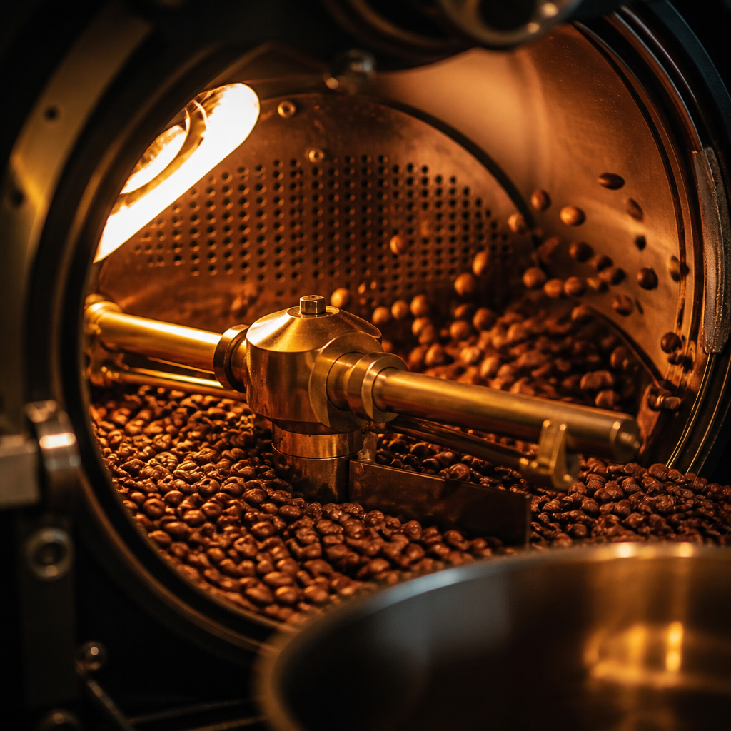 Interior view of a coffee roasting drum with beans in motion