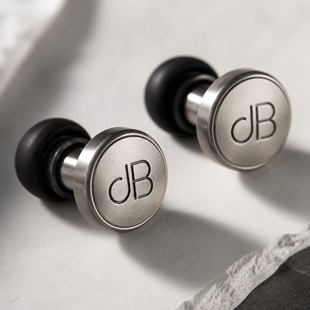 Close-up of polished metal ear plugs on white surface highlighting premium craftsmanship