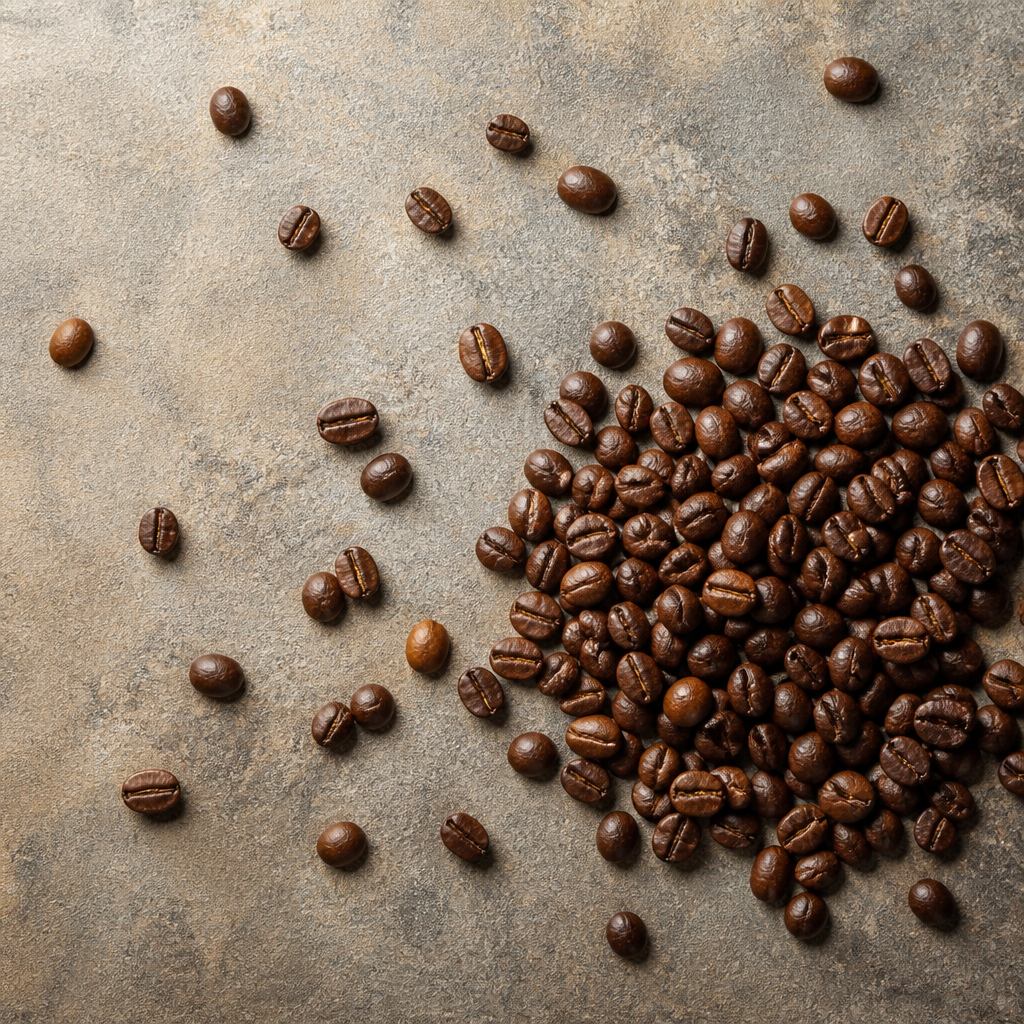 Freshly roasted coffee beans displayed on a natural surface
