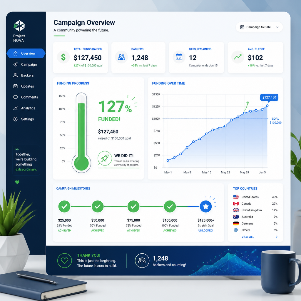 Digital dashboard visualization showing 127% funding milestone and campaign progress metrics