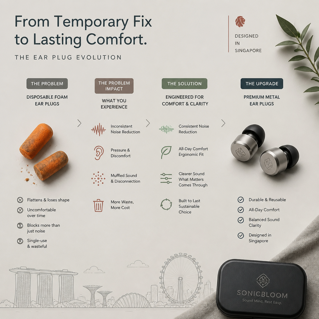 Visual journey from cheap alternatives to premium metal ear plugs representing product evolution and problem-solving