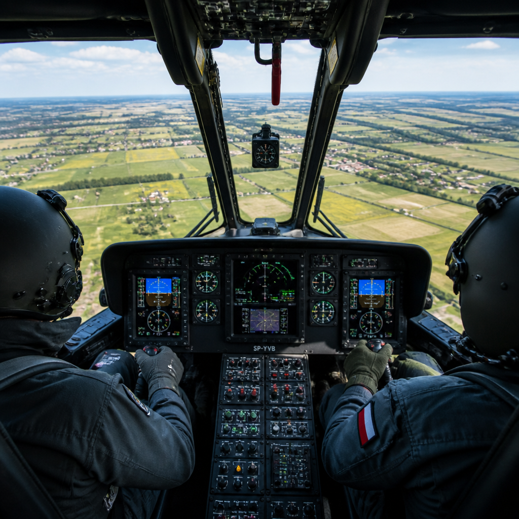 Wnętrze kabiny helikoptera z widokiem na panel instrumentów i krajobraz poniżej podczas startu