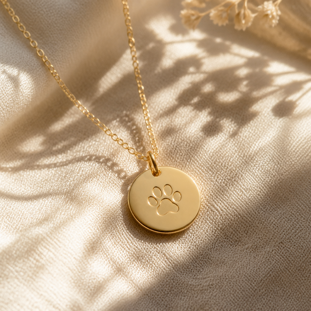 Engraved paw print memorial jewelry pendant on cream fabric