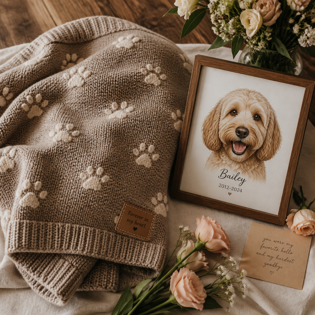 Memorial blanket and framed dog portrait arranged in a heartfelt display
