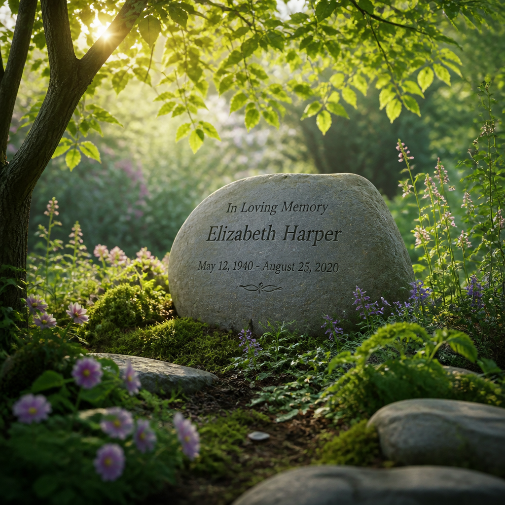 Engraved memorial stone in a tranquil garden among flowers and greenery