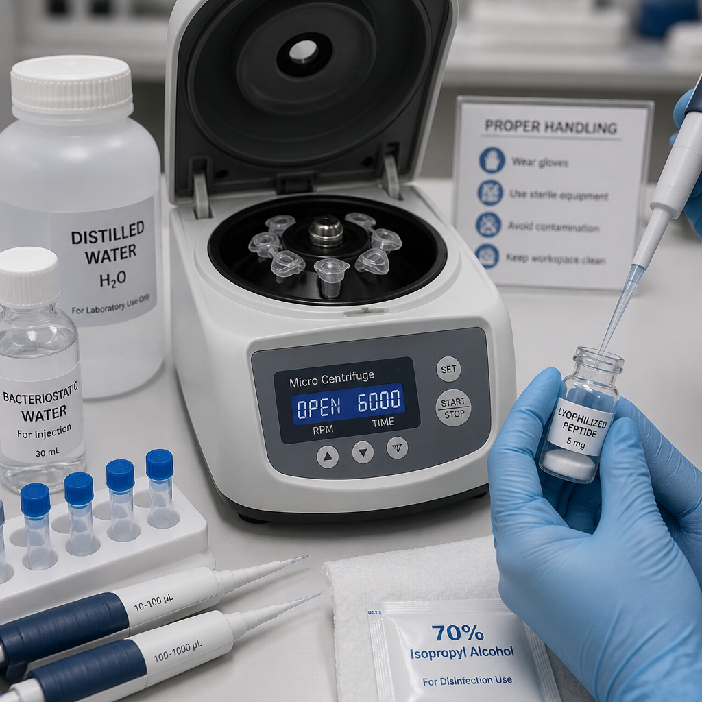 Laboratory reconstitution setup showing proper microcentrifuge and pipette handling technique