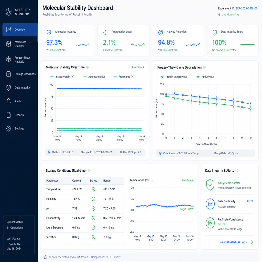 Digital data dashboard showing peptide stability curves and degradation monitoring metrics