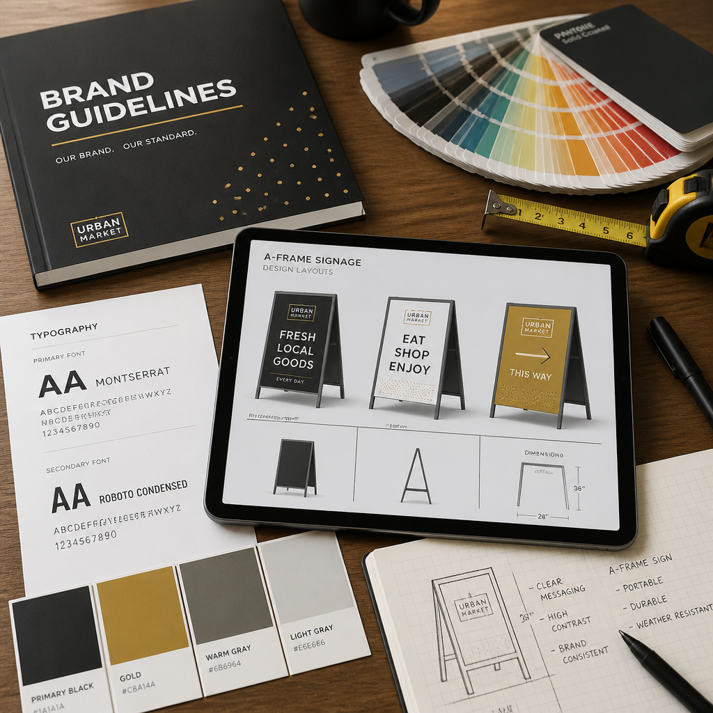 Design workspace with branding materials and A-frame signage planning tools