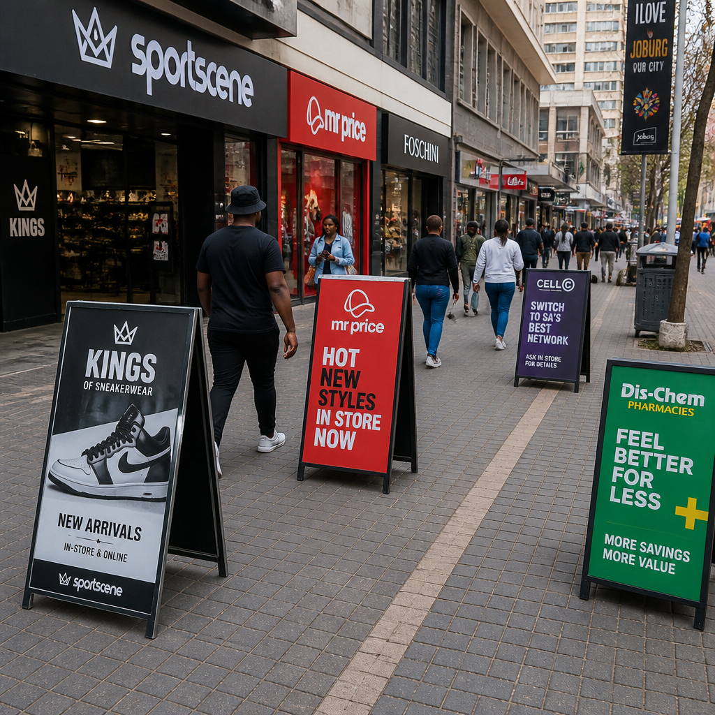 Multiple A-frame stands displayed along busy retail shopping street