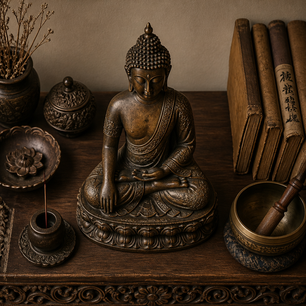 Museum-quality bronze Buddha statue on a curated spiritual shelf with ceremonial objects and warm gallery lighting