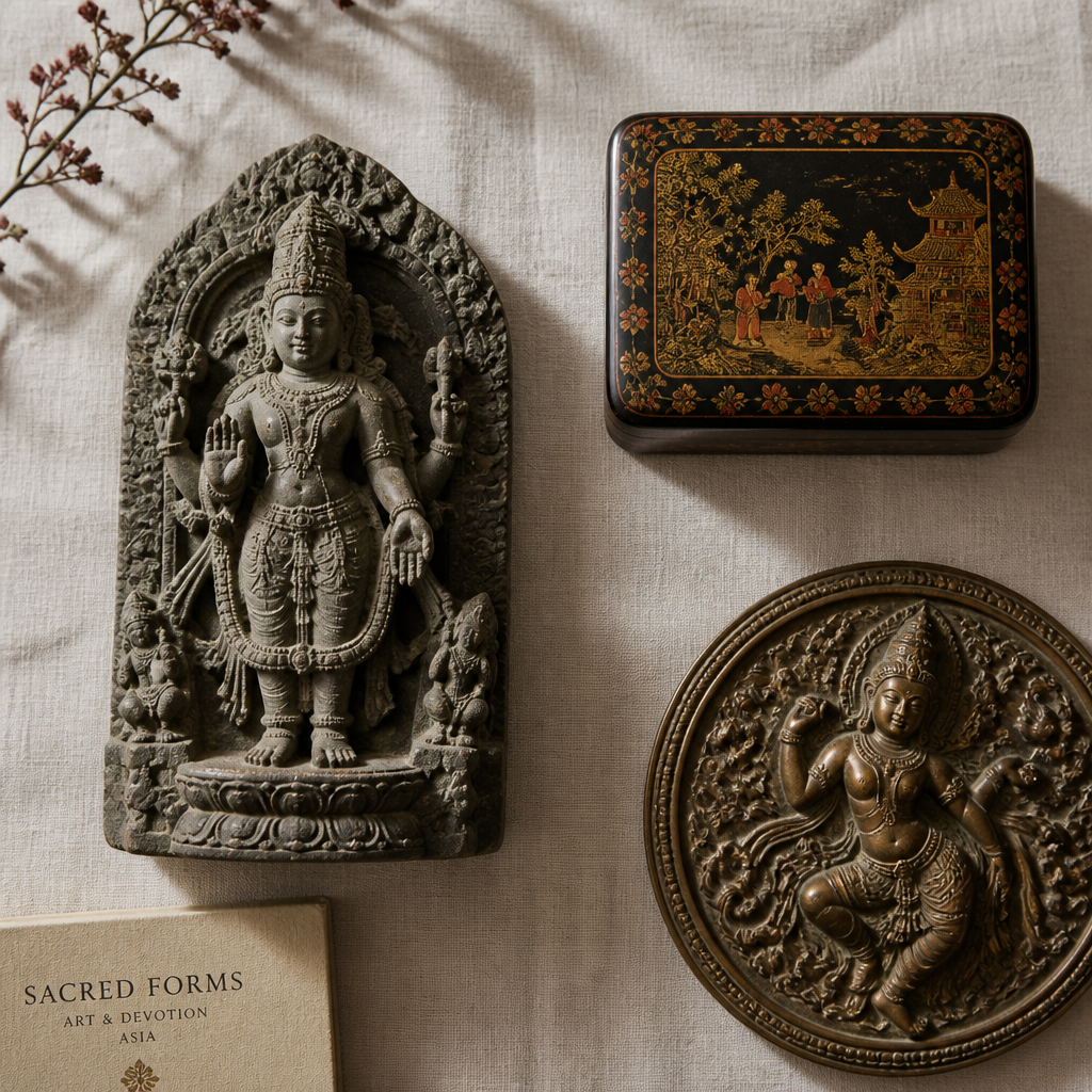 Curated flat-lay of three authentic Asian art pieces featuring sculpture, lacquerware, and carved deity figure with natural lighting