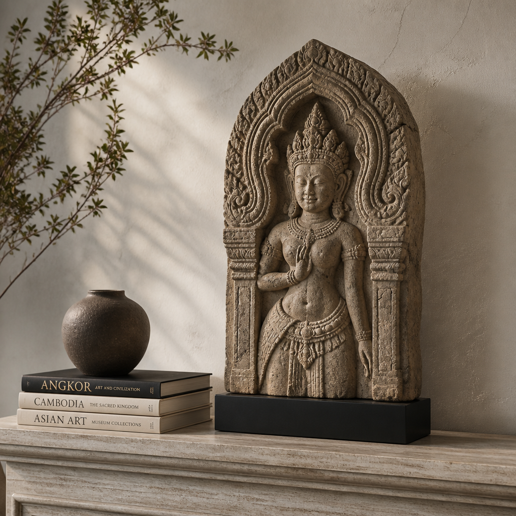 Minimalist mantelpiece featuring a heritage Cambodian stone sculpture as focal point with complementary design elements and natural sidelighting