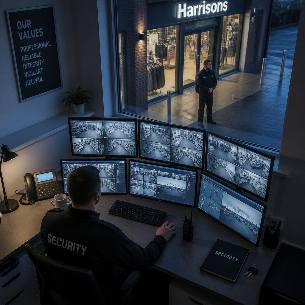 Security control center with view of on-site manned guard monitoring retail premises