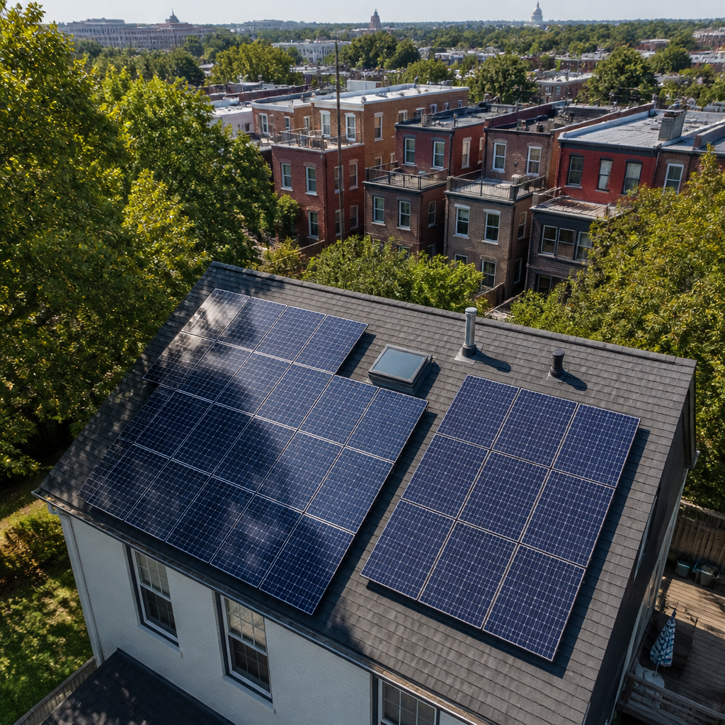 Solar panels on a DC-area residential rooftop with partial shading and surrounding urban landscape