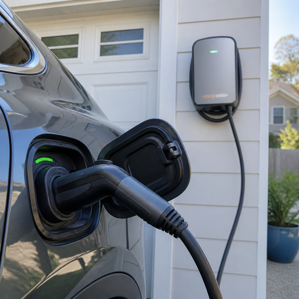 EV charging station installed on residential garage with vehicle charger connected
