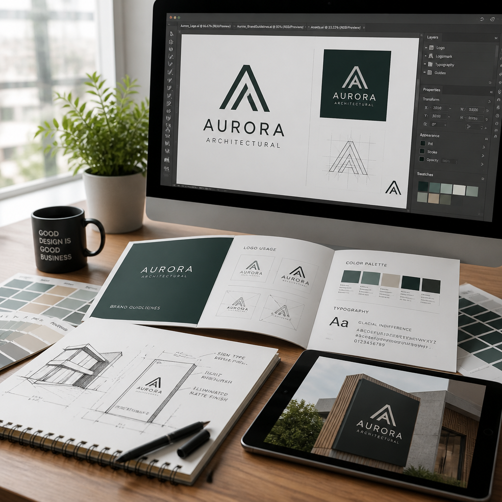 Designer workspace with signage brief documents and digital design files on monitor