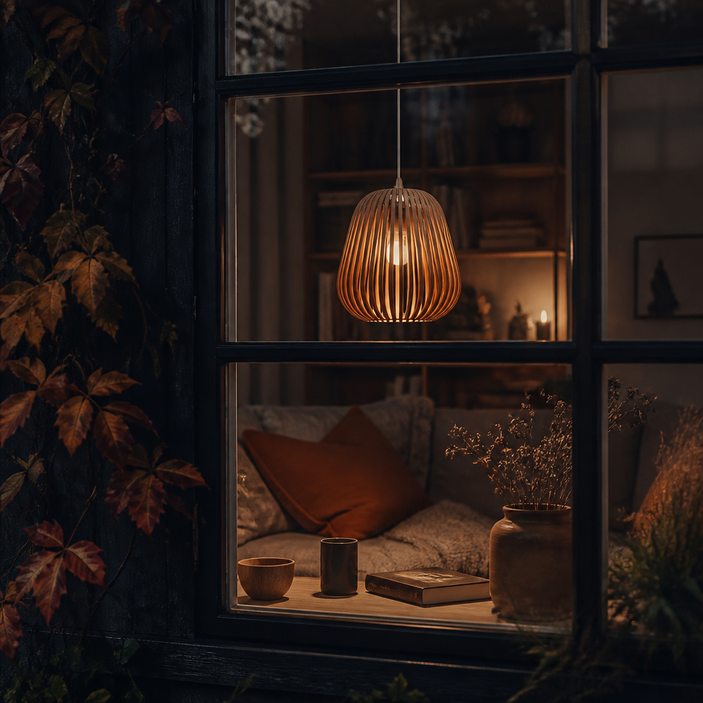 Fönsterlamp skapar varm atmosfär på höstkvällen