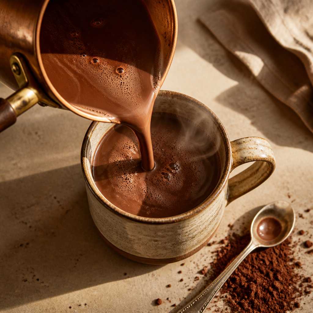 Dark hot chocolate being poured into a ceramic mug with steam and cocoa powder