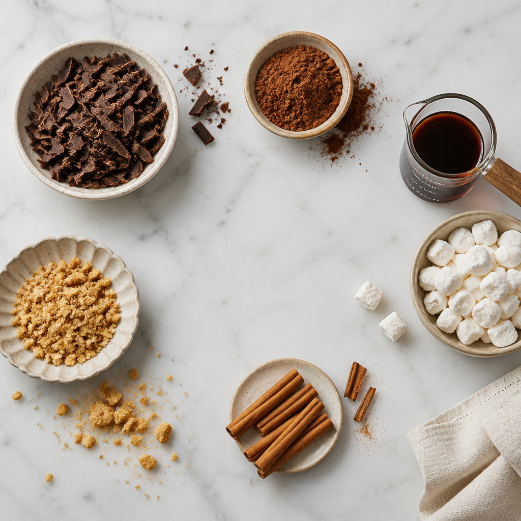 Premium hot chocolate toppings and ingredients artfully arranged on marble