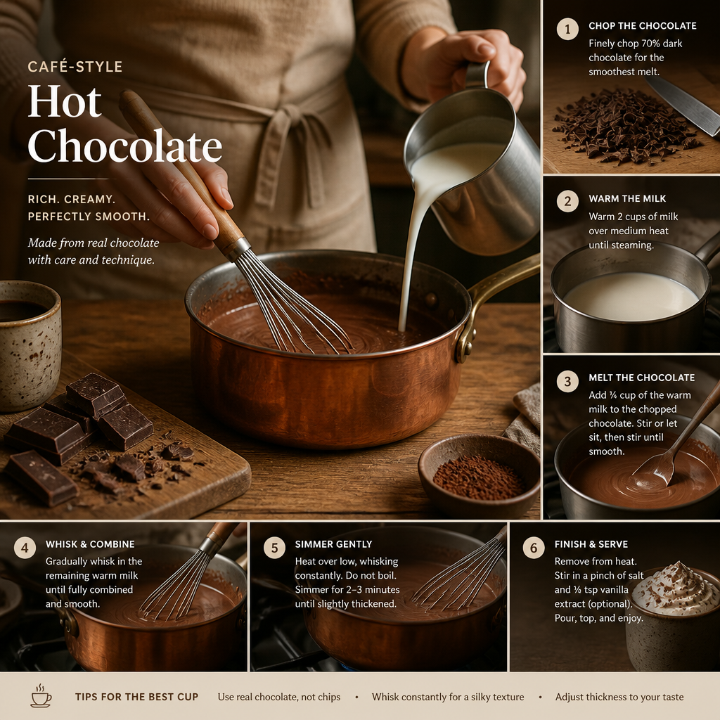 Hands whisking hot chocolate in a copper pan during preparation