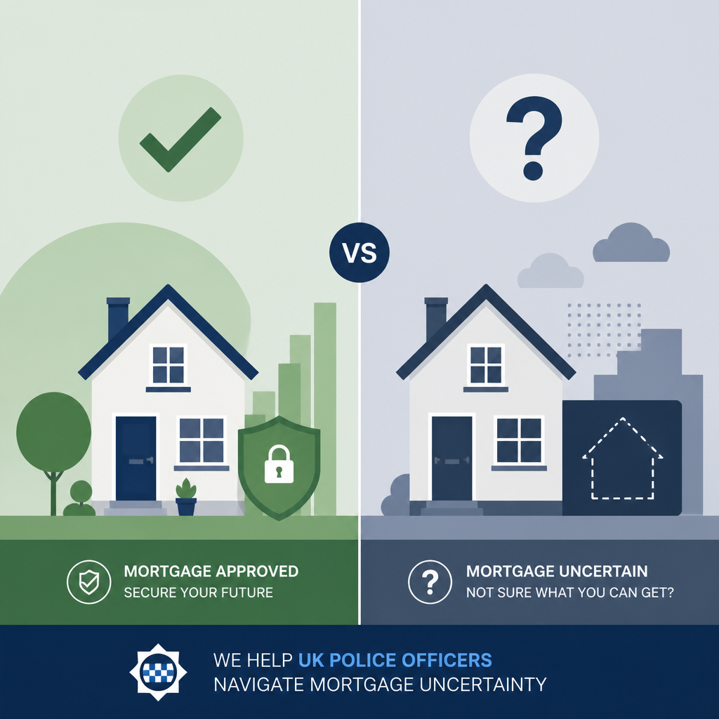 Split-screen illustration comparing approved and uncertain mortgage outcomes for police officers