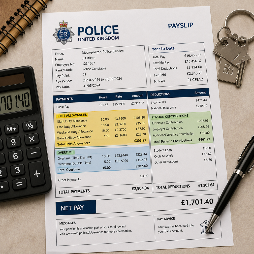 Payslip document with pension and shift pay details displayed alongside financial tools