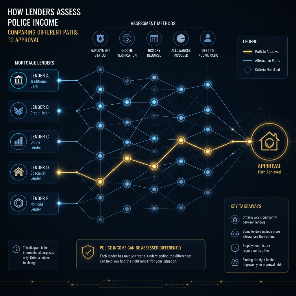 Network diagram visualizing how different lenders assess police officer income differently