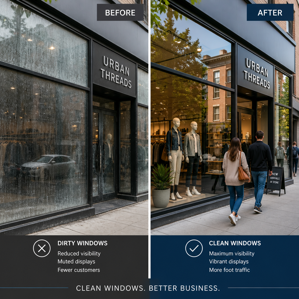 Side-by-side comparison of dirty versus clean commercial storefront windows