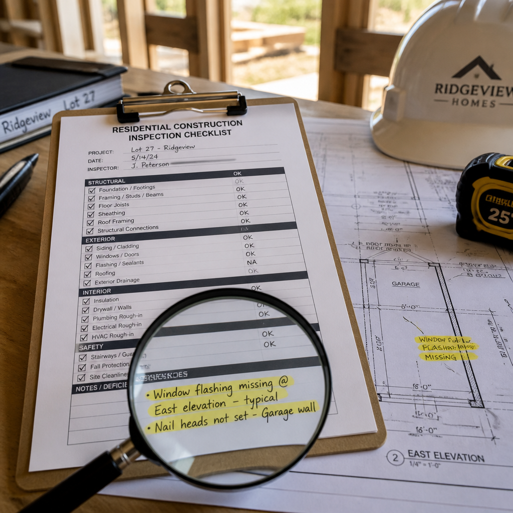 Inspection checklist and magnifying glass on a construction site clipboard