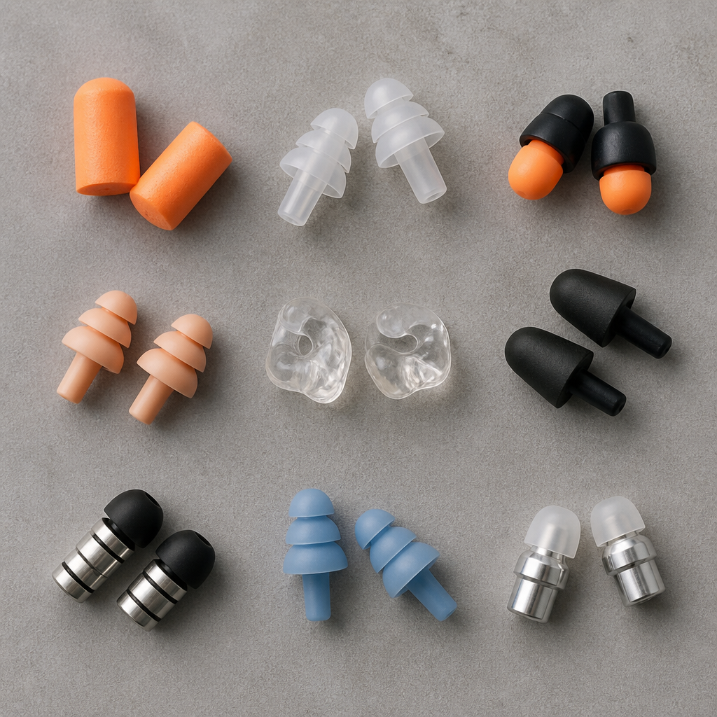 Collection of different ear plug types displayed on a neutral surface showing foam, silicone, and metal options
