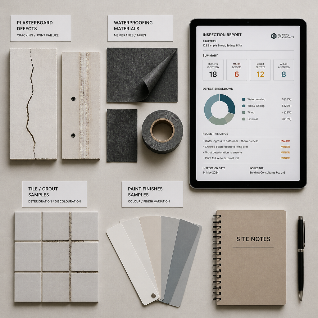 Collection of construction defect material samples and digital inspection documentation