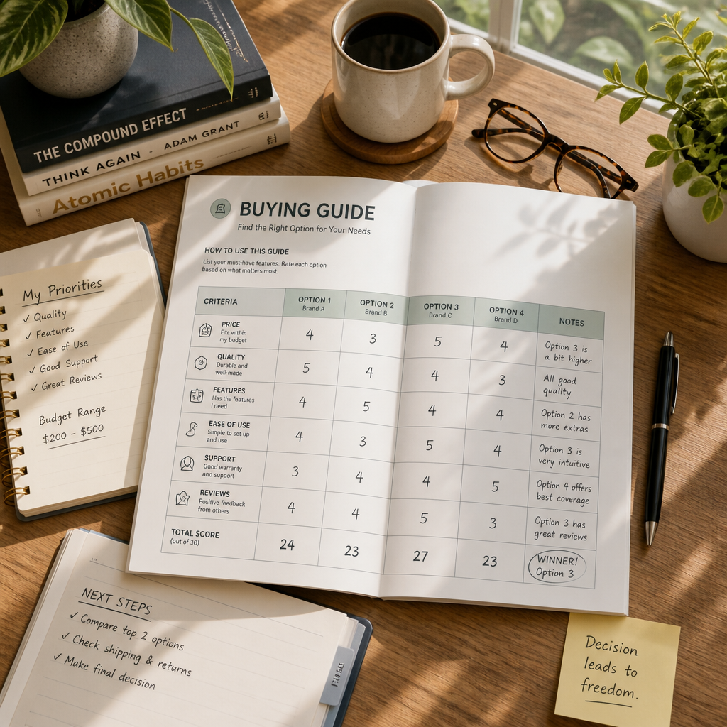 Workspace with research materials and guide checklist demonstrating thoughtful purchasing process