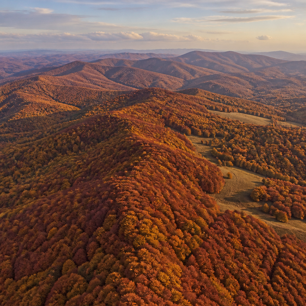 Widok z helikoptera na Bieszczady jesienią z kolorami złota i rdzy